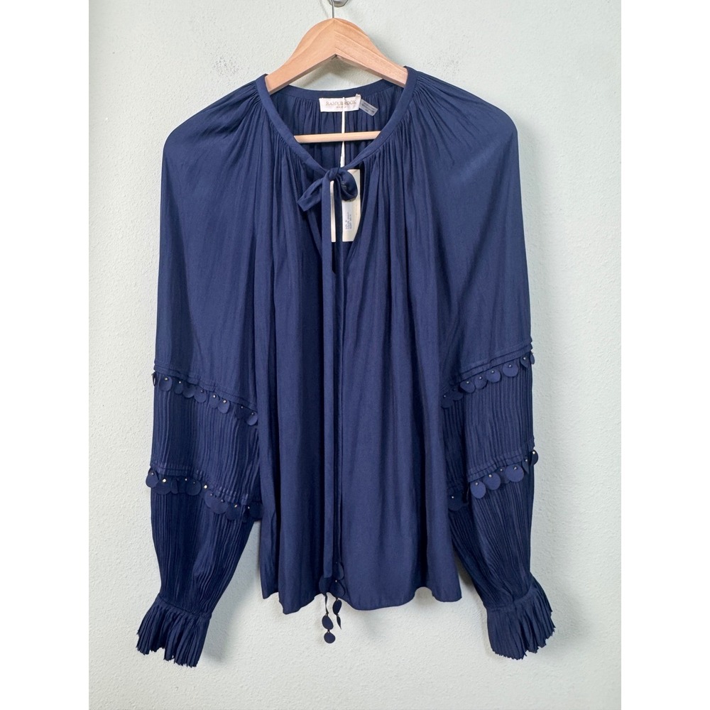 Ramy Brook Coco Peasant Blouse Navy Blue Pleated Embellished Top Medium NEW